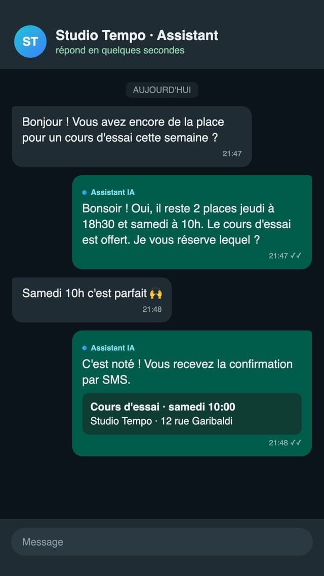 Exemple : assistant IA qui répond aux clients sur WhatsApp et réserve les rendez-vous